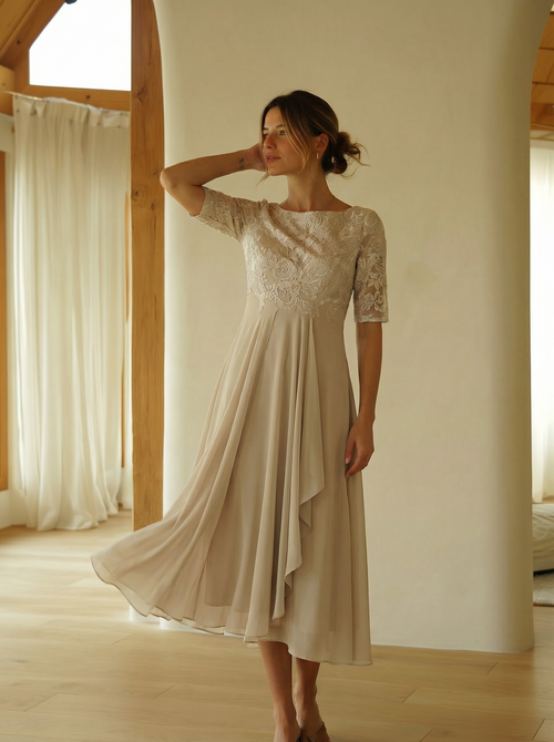 Elowara Lace Midi Dress – A-Line Silhouette with Chiffon Flow & Short Sleeves
