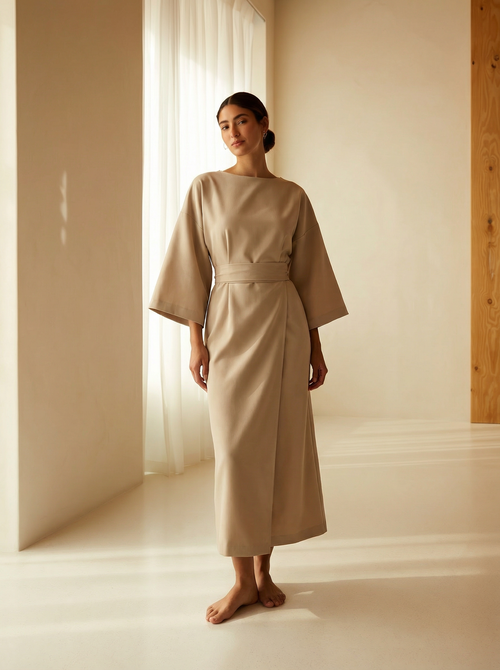 Aurielle Grace Maxi Dress – Flowing Silhouette with Lantern Sleeves & Adjustable Waist