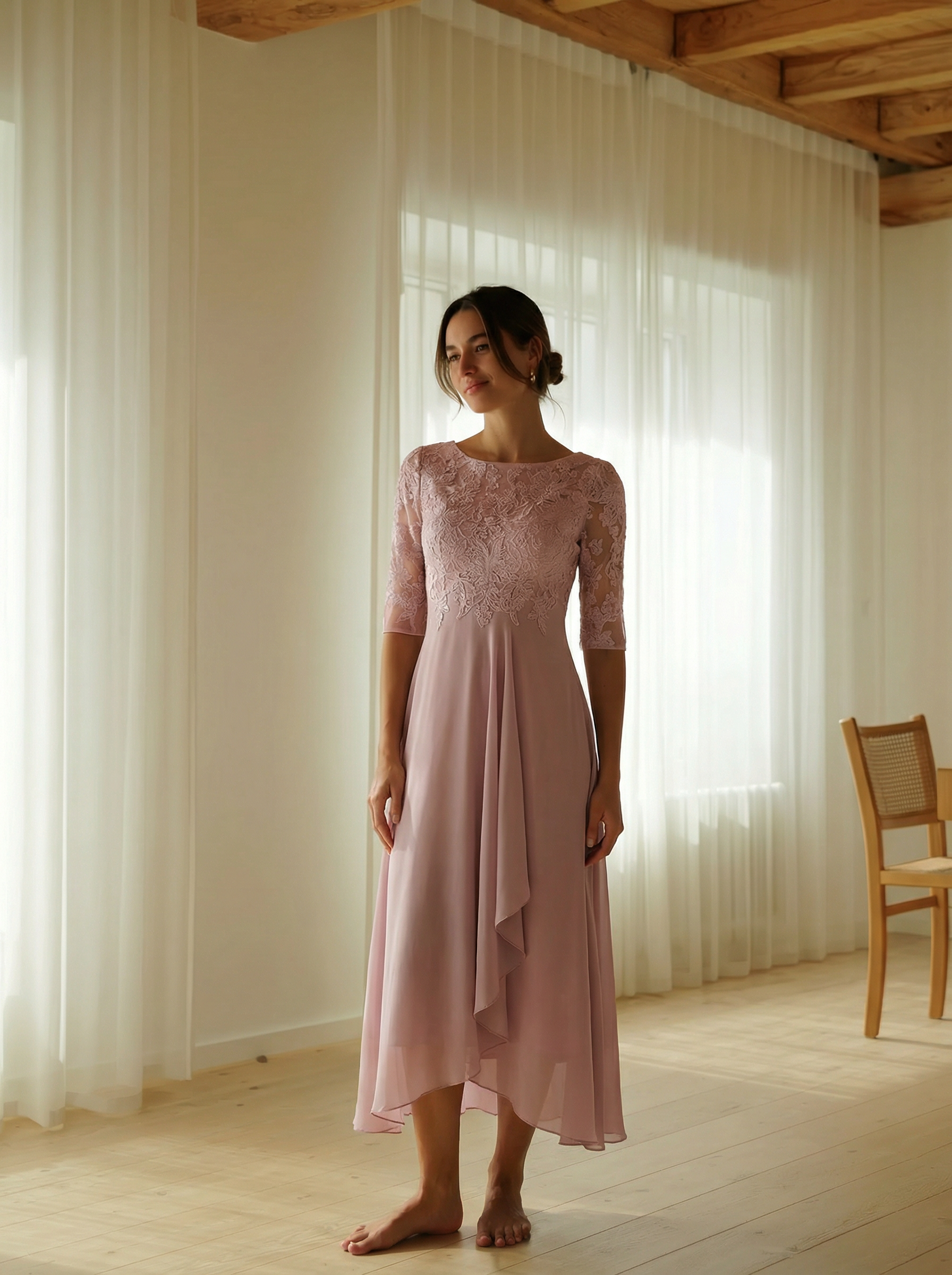 Elowara Lace Midi Dress – A-Line Silhouette with Chiffon Flow & Short Sleeves