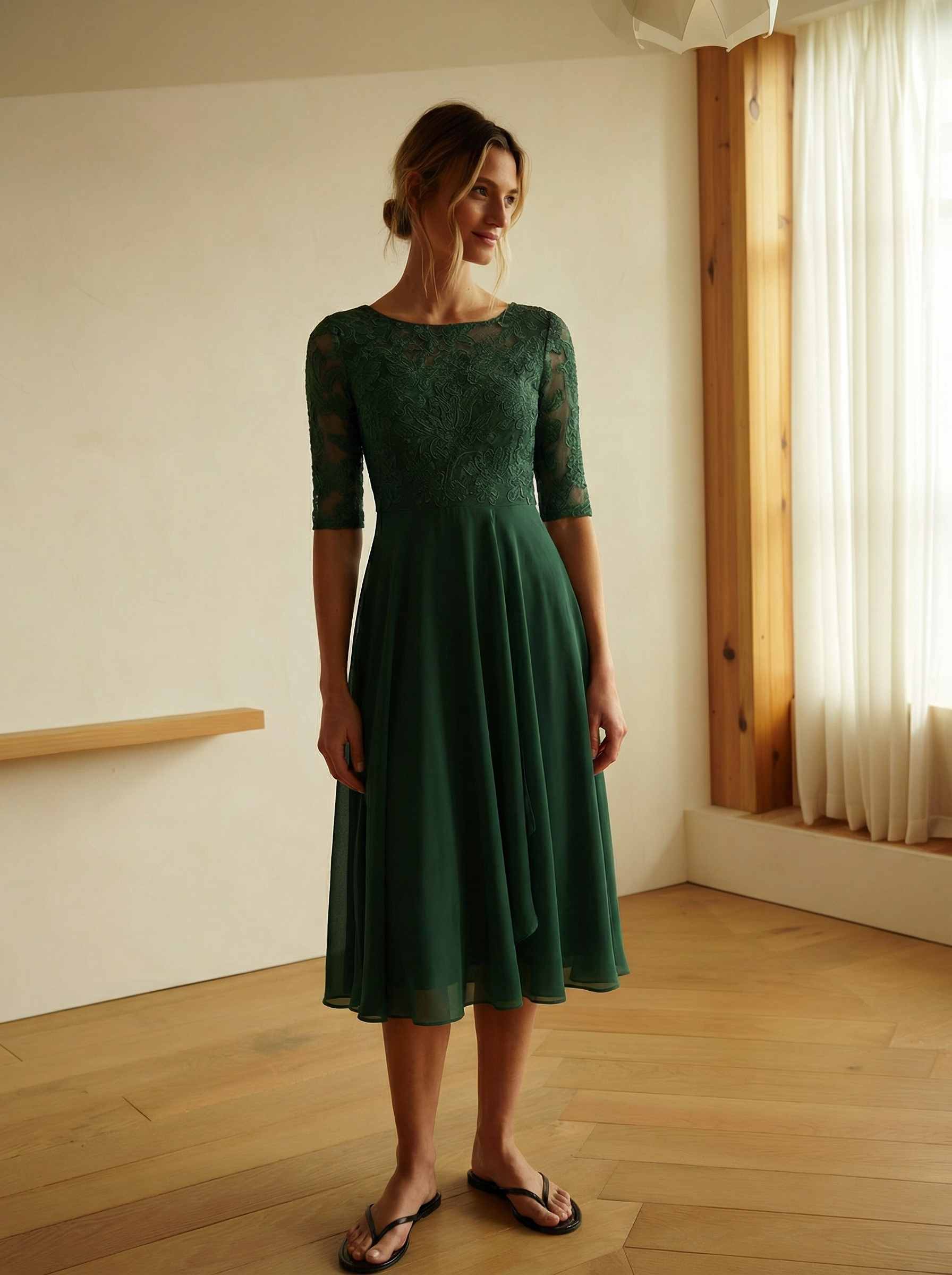 Elowara Lace Midi Dress – A-Line Silhouette with Chiffon Flow & Short Sleeves