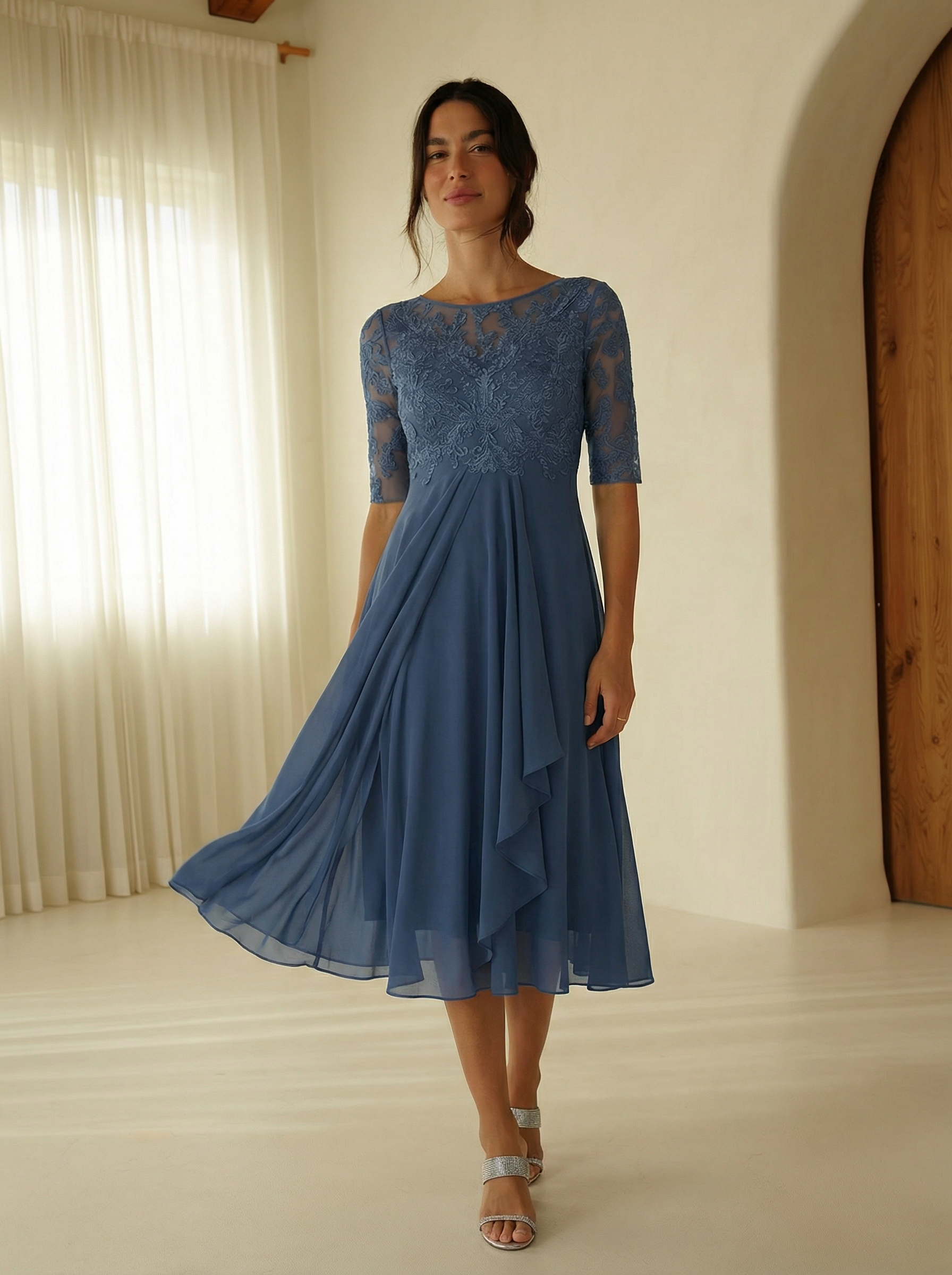 Elowara Lace Midi Dress – A-Line Silhouette with Chiffon Flow & Short Sleeves