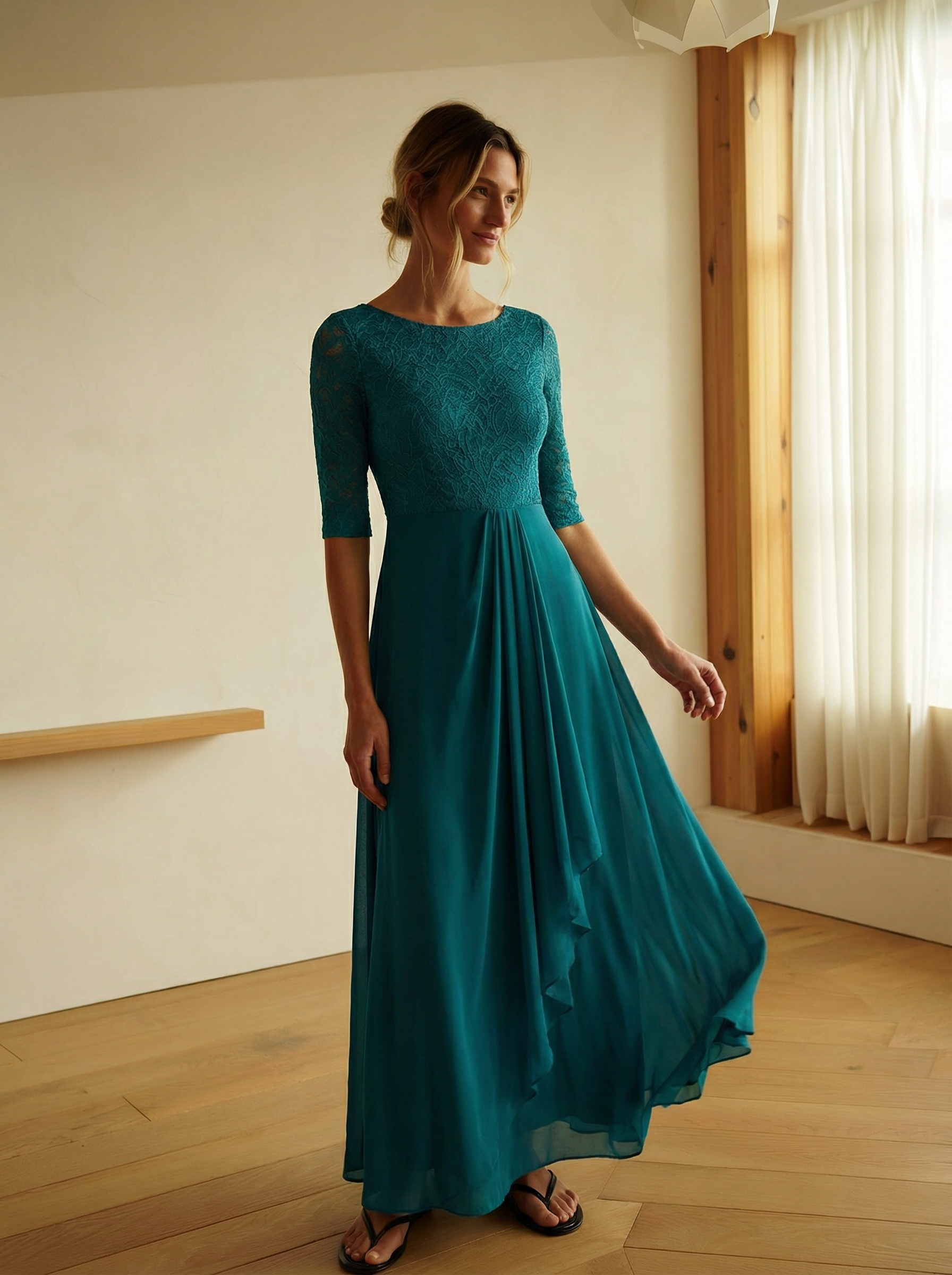 Elowara Lace Midi Dress – A-Line Silhouette with Chiffon Flow & Short Sleeves