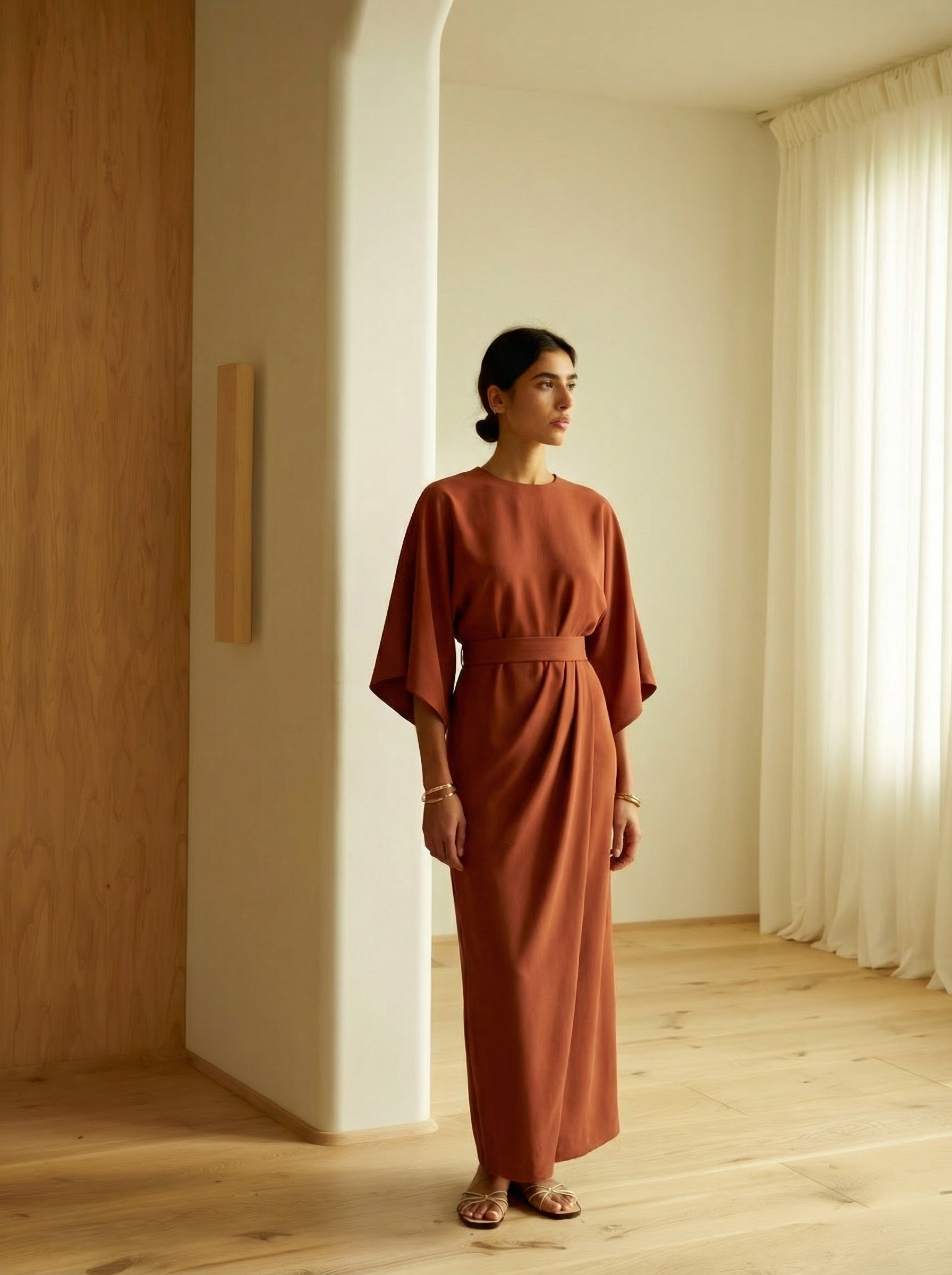 Aurielle Grace Maxi Dress – Flowing Silhouette with Lantern Sleeves & Adjustable Waist