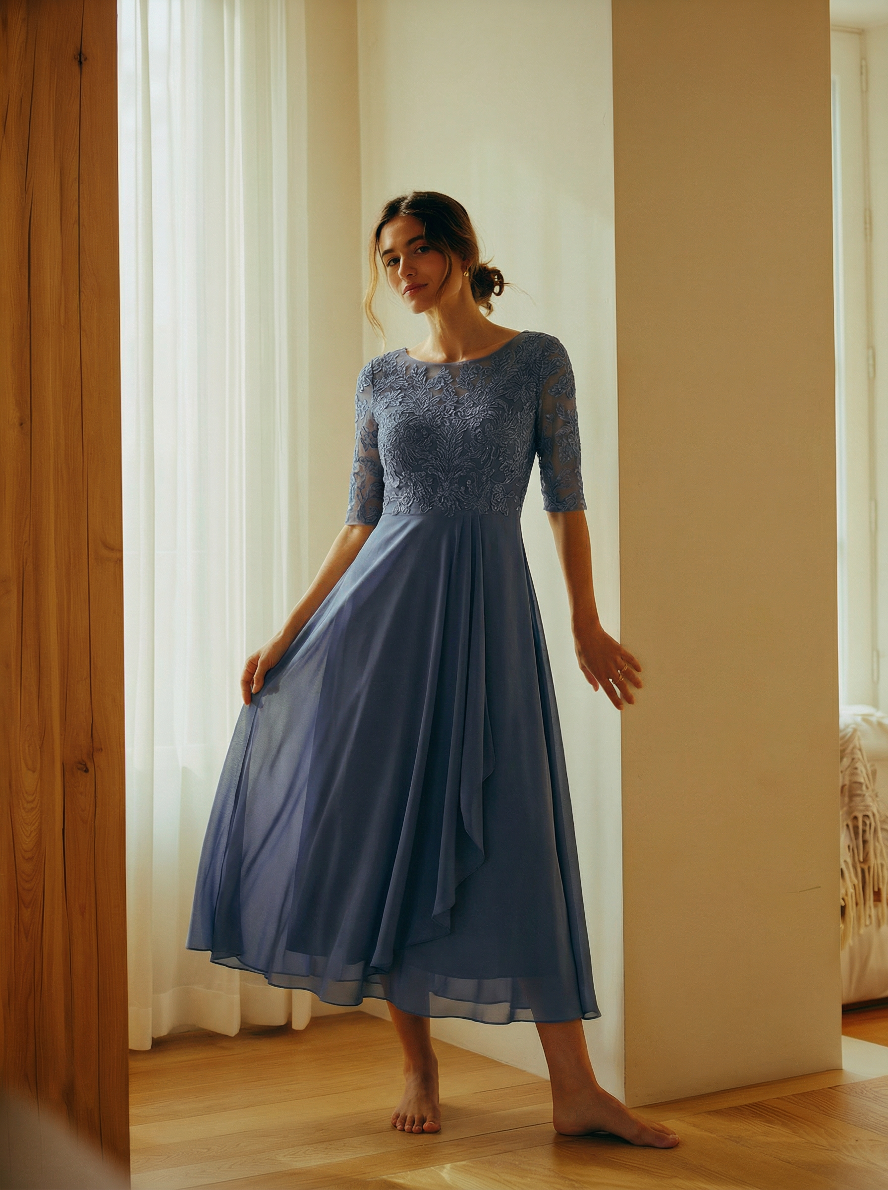 Elowara Lace Midi Dress – A-Line Silhouette with Chiffon Flow & Short Sleeves