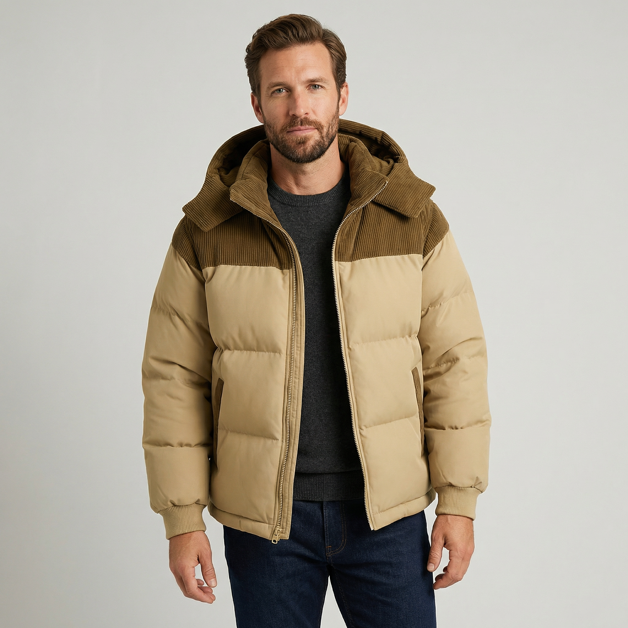 Men’s Puffer Jacket with Contrast Hood – Modern Utility Edge