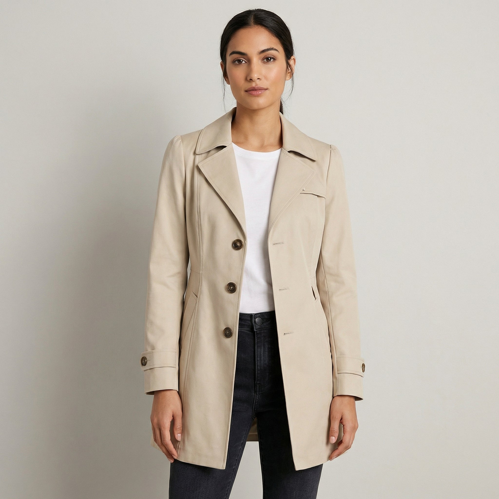 Women’s Longline Trench Coat – Timeless Button-Front Design